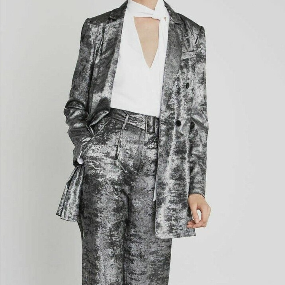 BCBGMAXAZRIA METALLIC DOUBLE-BREASTED LONG BLAZER